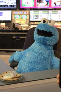 A plush of the iconic character Cookie Monster from the show "Sesame Street" is displayed at the Arizona PBS station in ASU's Walter Cronkite School of Journalism and Mass Communication. Sesame Street was first aired on NET which later became PBS.